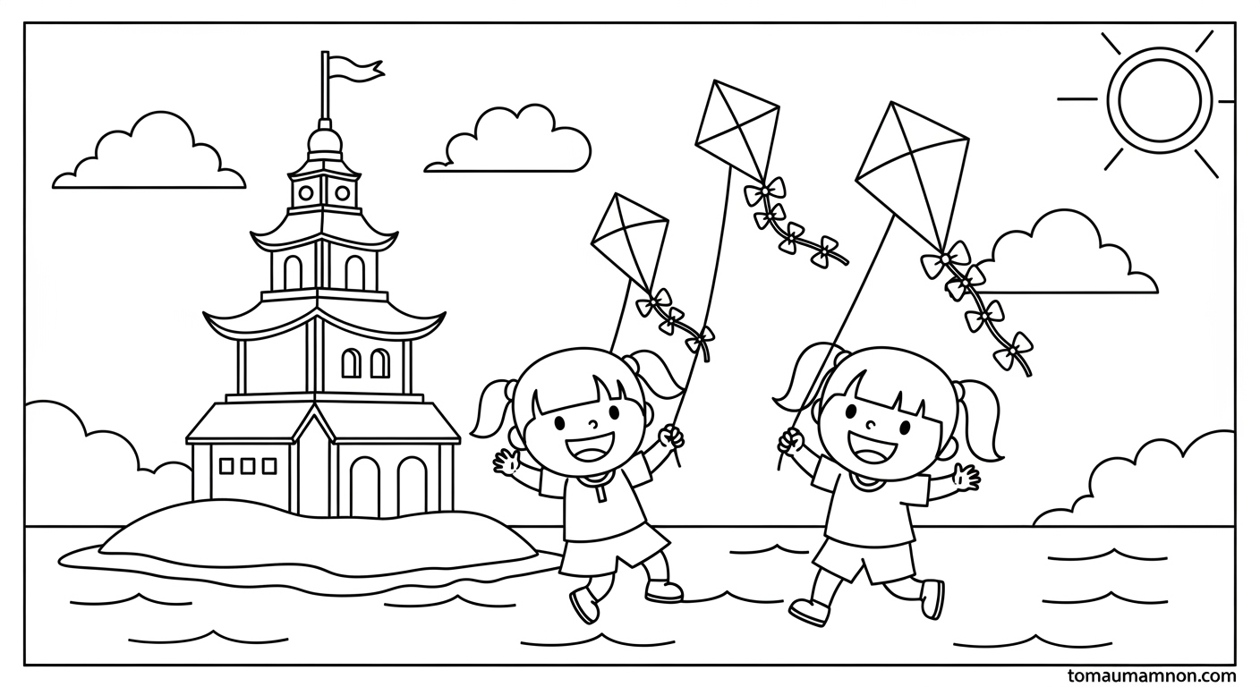 Tranh Tô Màu Tháp Rùa Bản vẽ Tháp Rùa dễ thương