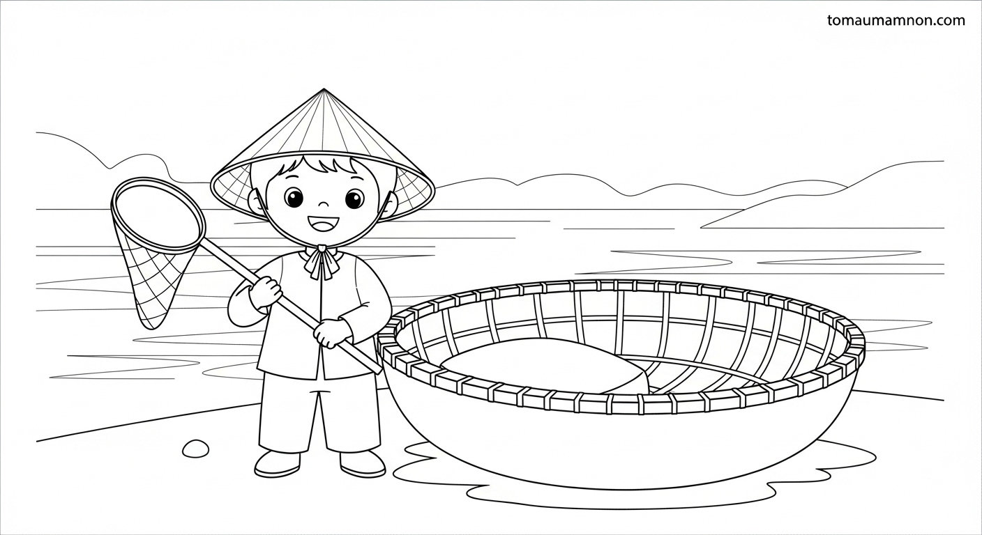 Tranh Tô Màu Thuyền Thúng Tranh tô màu thuyền thúng với cảnh biển và ngư dân