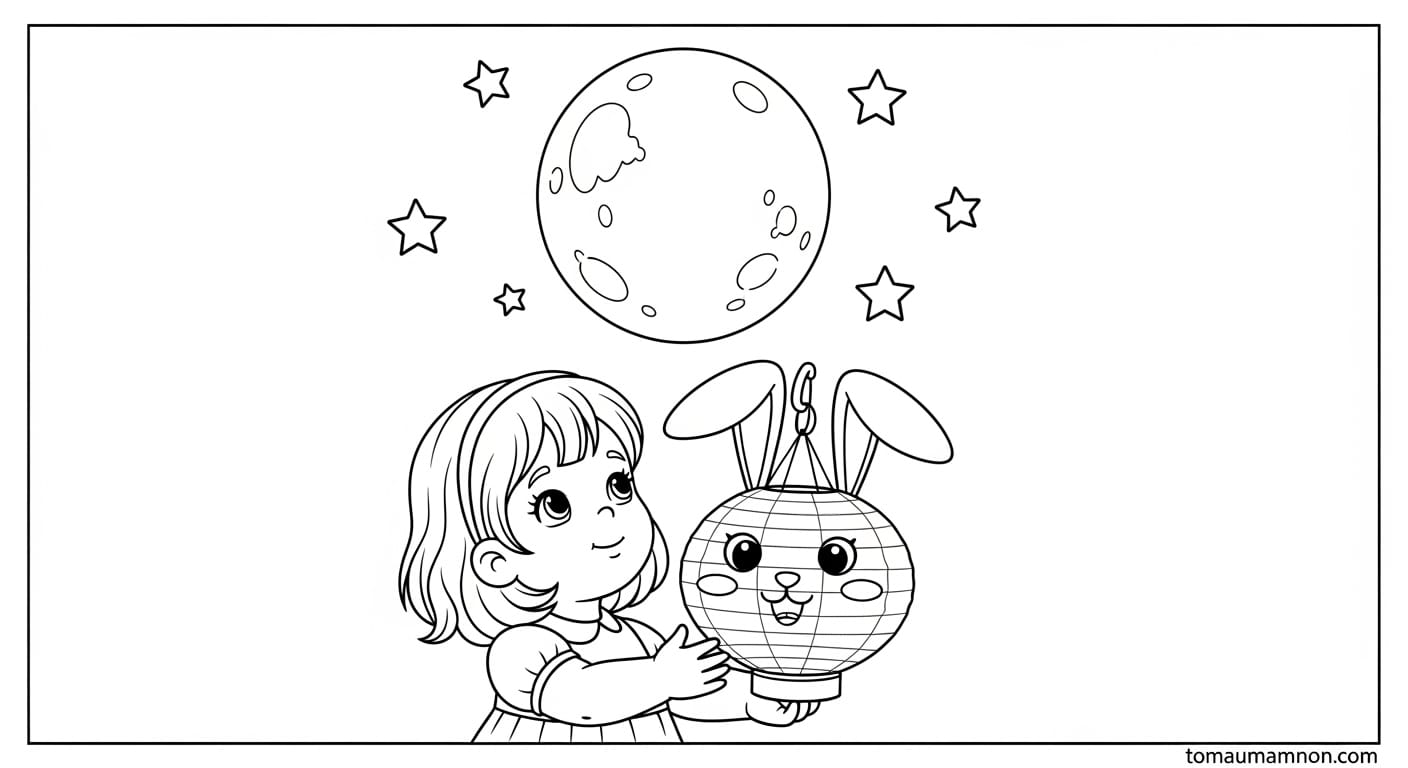 Tranh Trung Thu Thiếu Nhi Chị Hằng và mâm cỗ