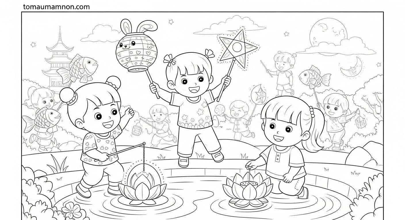 Tranh Trung Thu Thiếu Nhi Đèn lồng nhiều màu sắc