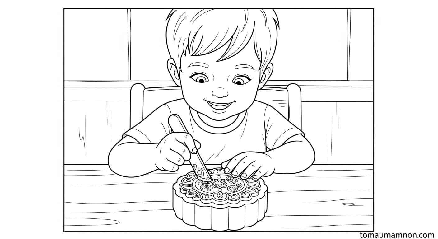 Tranh Trung Thu Thiếu Nhi Bé bên mâm cỗ Trung Thu