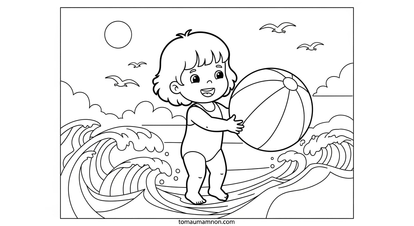 Tranh Vẽ Bãi Biển Bạn nhỏ chơi đùa cùng sóng biển