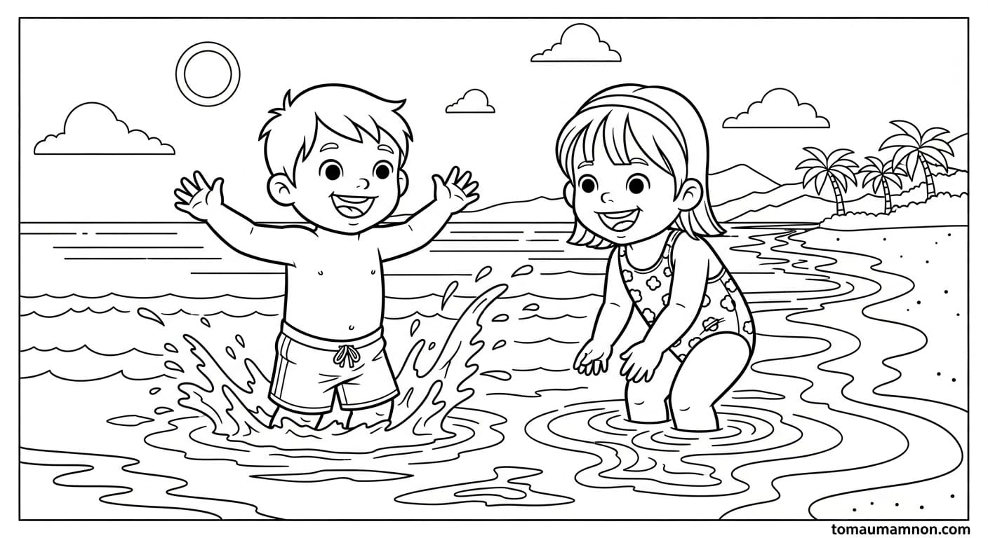 Tranh Vẽ Bãi Biển Gia đình đi dạo trên bãi biển