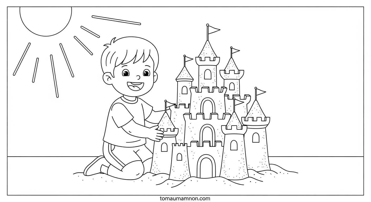 Tranh Vẽ Bãi Biển Bé gái xây lâu đài cát trên bãi biển