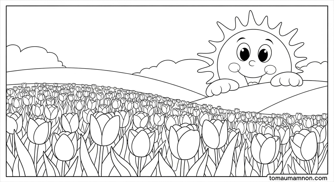 Tranh Vẽ Cánh Đồng Hoa Tulip bức tranh hoa tulip rực rỡ