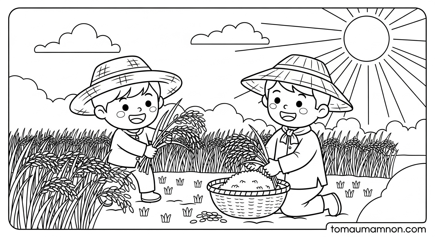 Tranh Vẽ Cánh Đồng Lúa Chín Vàng Hình tô màu cánh đồng lúa