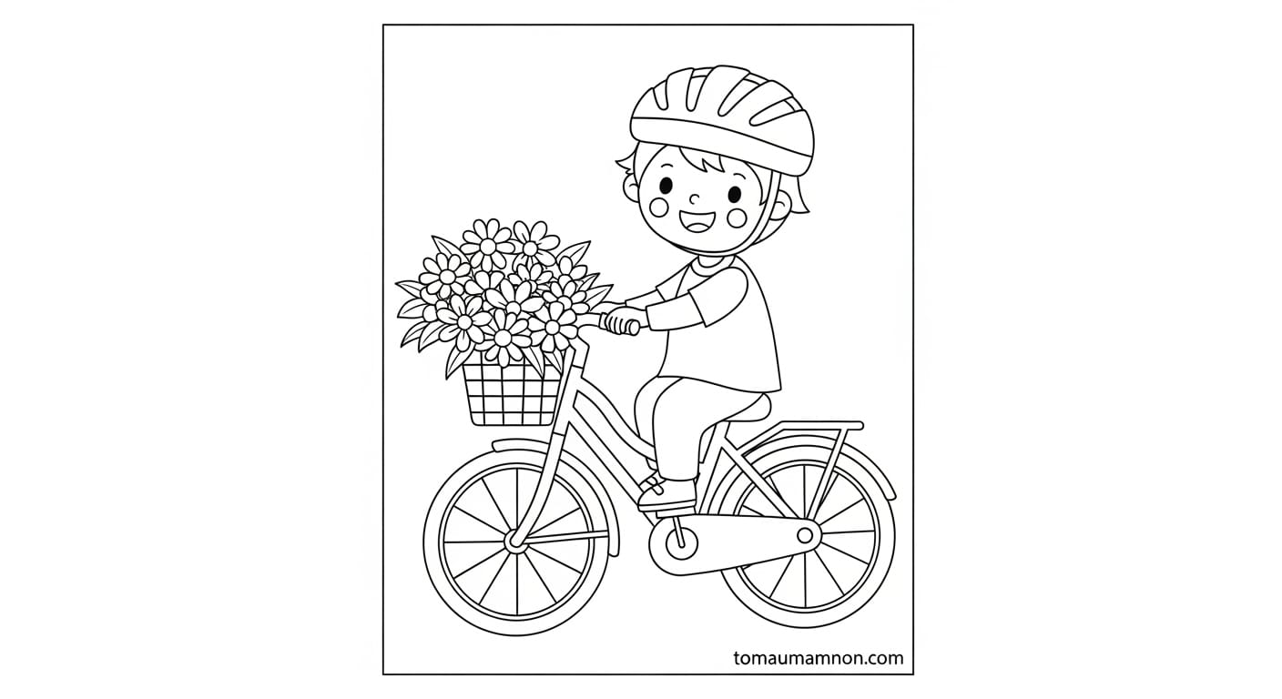 Tranh Xe Đạp Bé trai vui vẻ bên chiếc xe đạp mới của mình