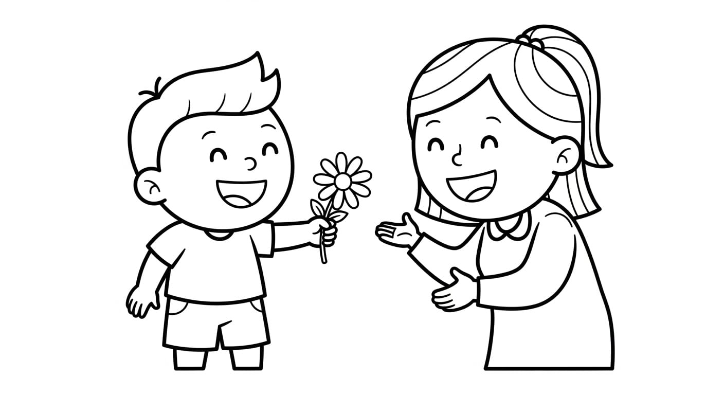 Vẽ Hoa Tặng Cô Bé trai vẽ bông hoa mặt trời tặng cô