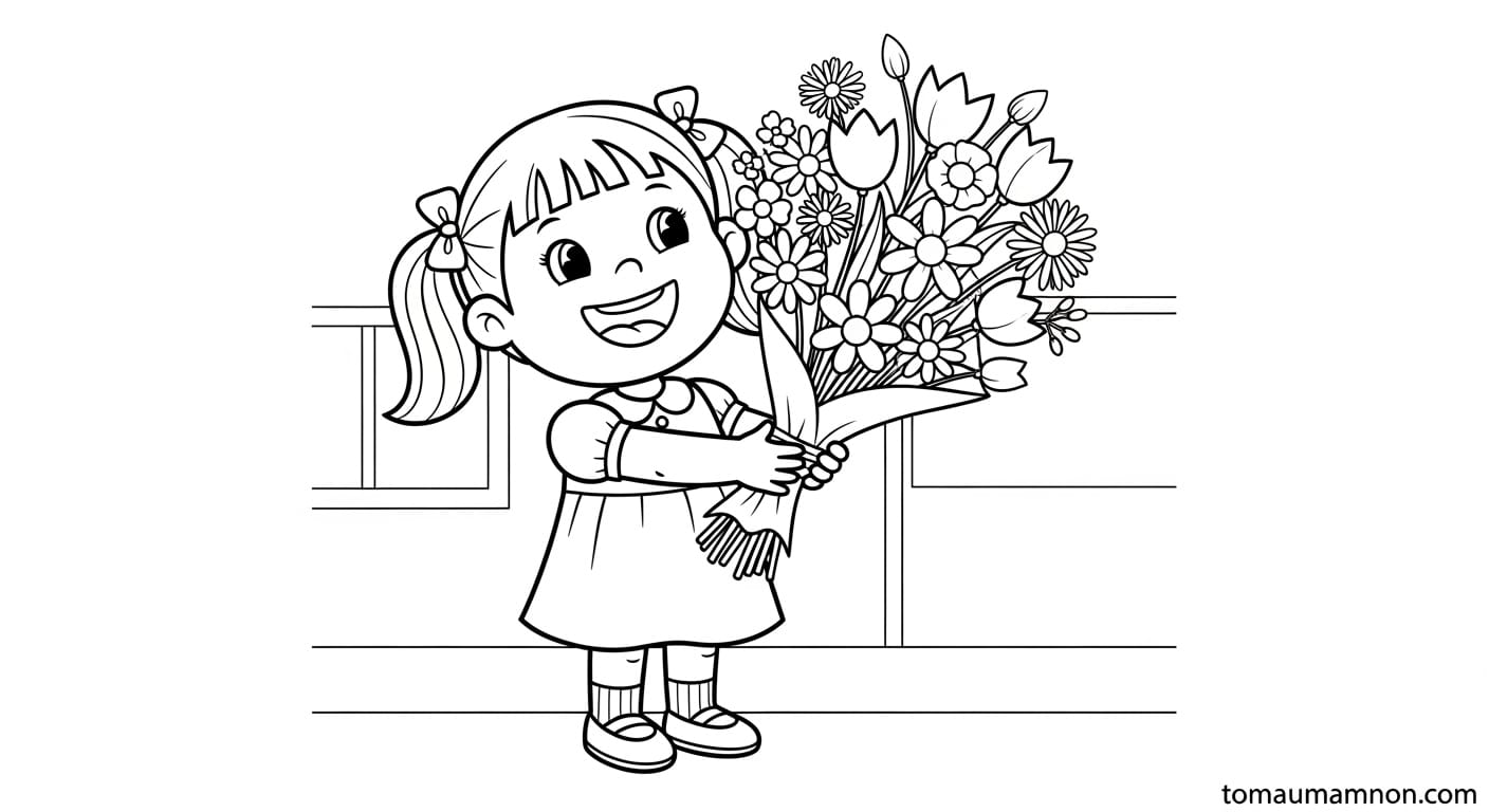 Vẽ Hoa Tặng Cô Bé gái tô màu bó hoa hồng tặng cô giáo