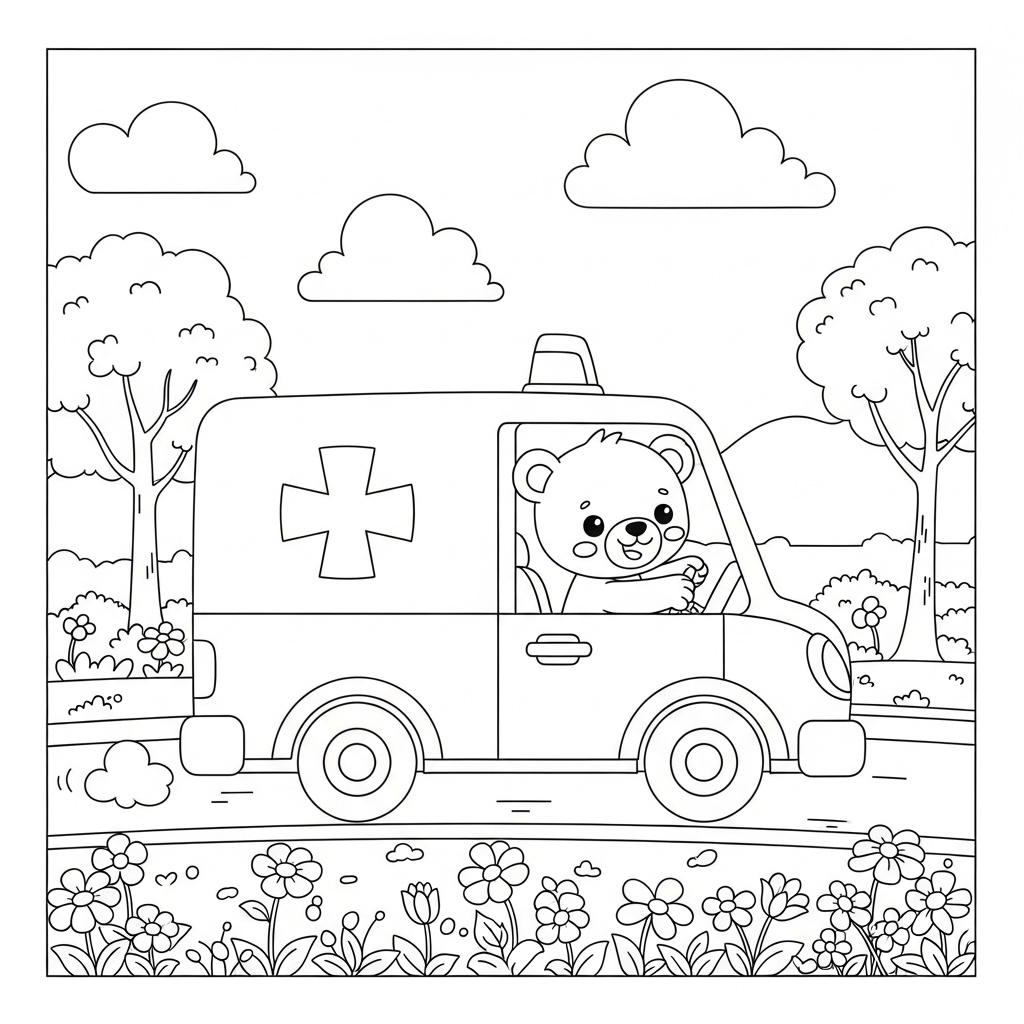 Bé trai tô màu xe cứu thương