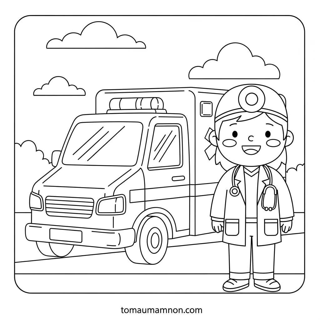 Bác sĩ và xe cứu thương cho bé tô màu