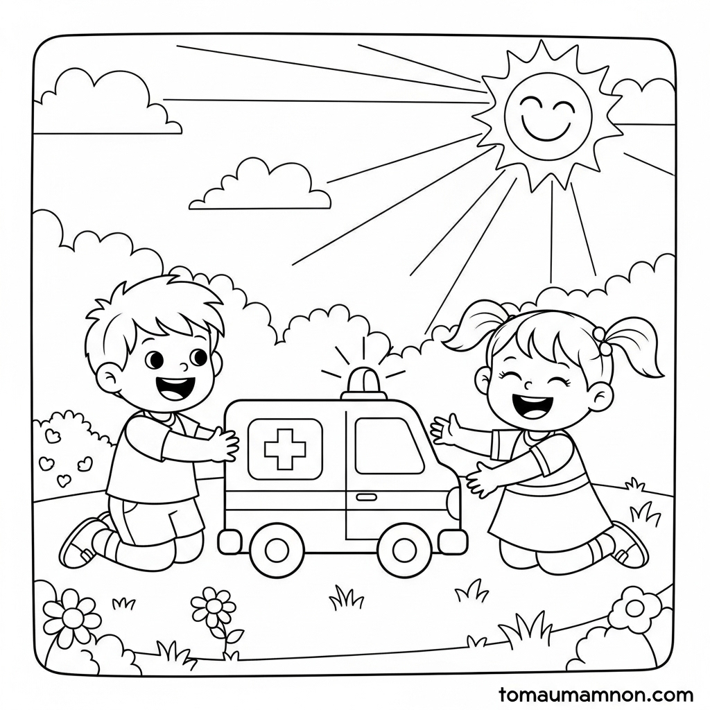 Tranh tô màu chữ thập đỏ trên xe cứu thương