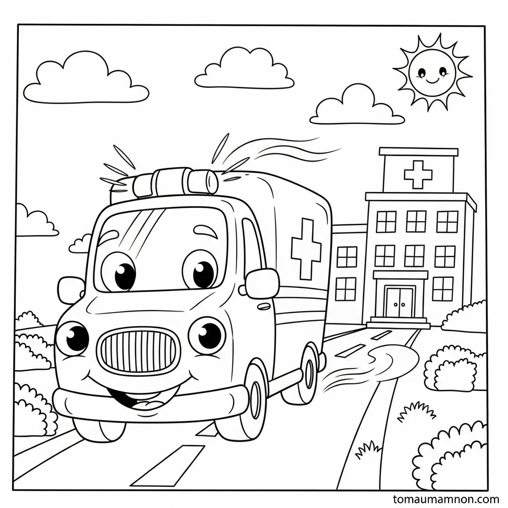 Tranh tô màu xe cứu thương ngộ nghĩnh